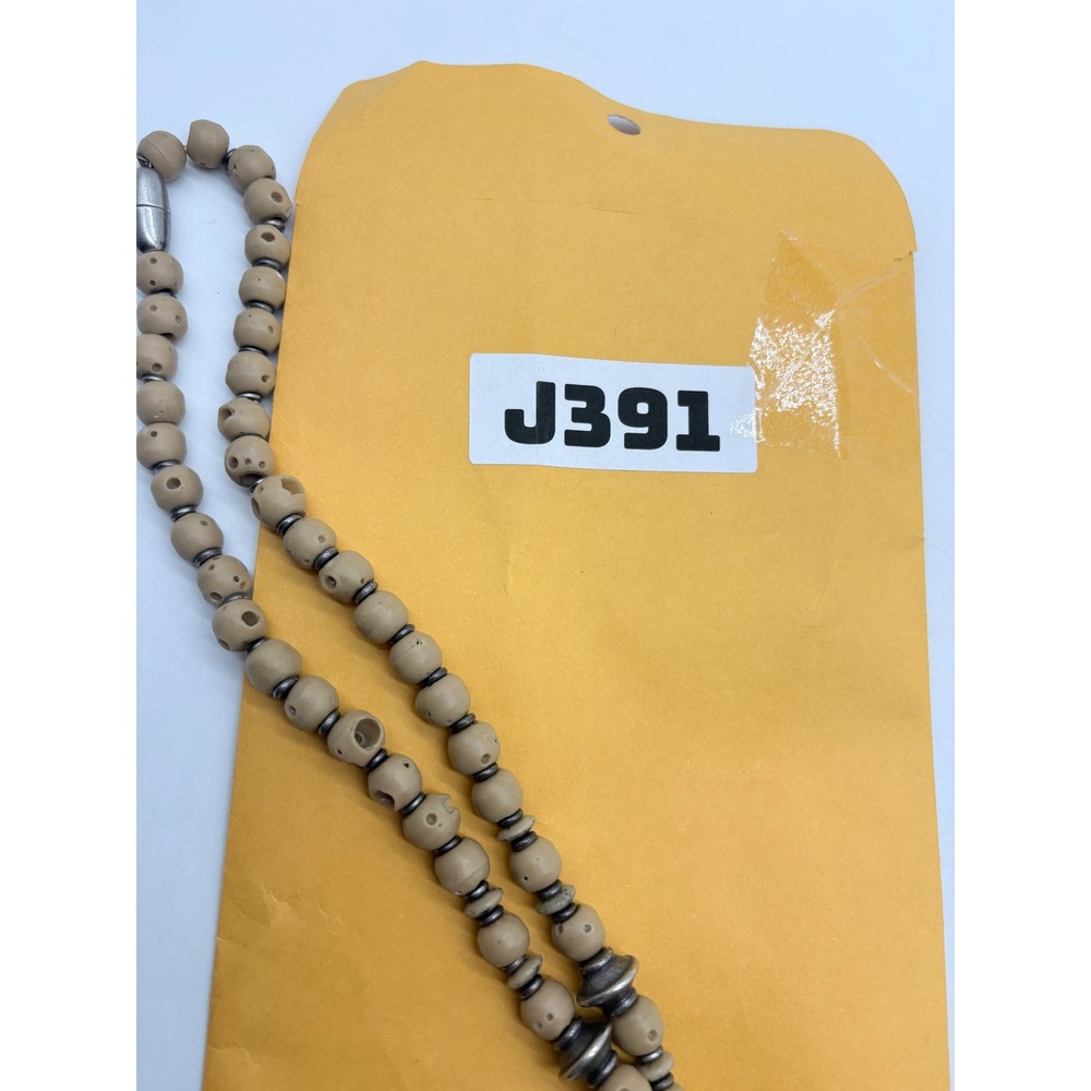 Boho Artisan Tan Carved Bead Necklace Silver Tone Ornate Metal Accents 28 Inch - Picture 4 of 11